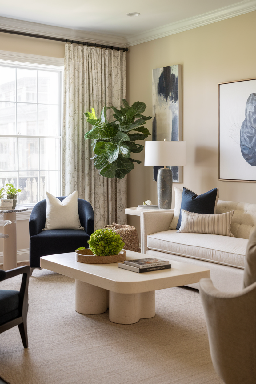 Cozy living room with a neutral color palette and stylish furniture