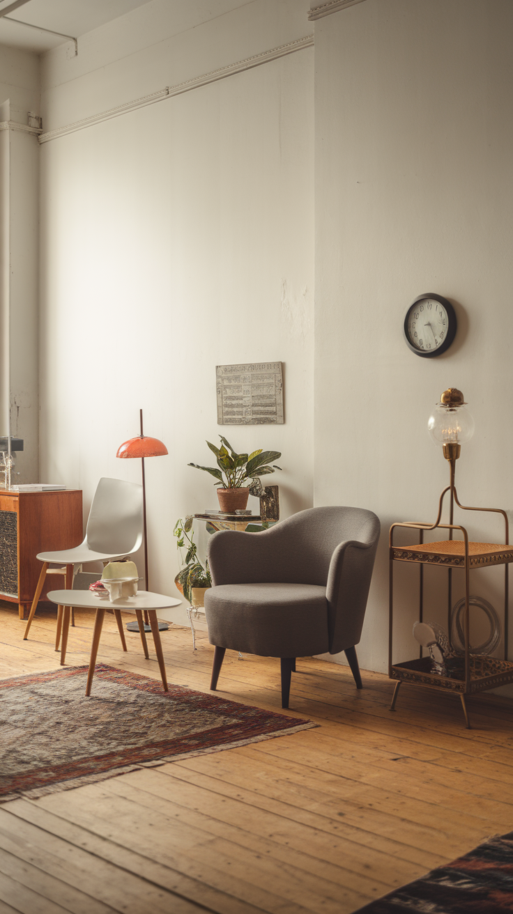A cozy living space featuring a modern chair and vintage lamp, showcasing a blend of decor styles.