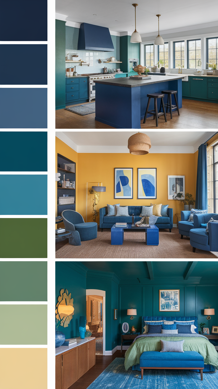 A selection of color palettes with various rooms featuring blue tones and a yellow accent wall.