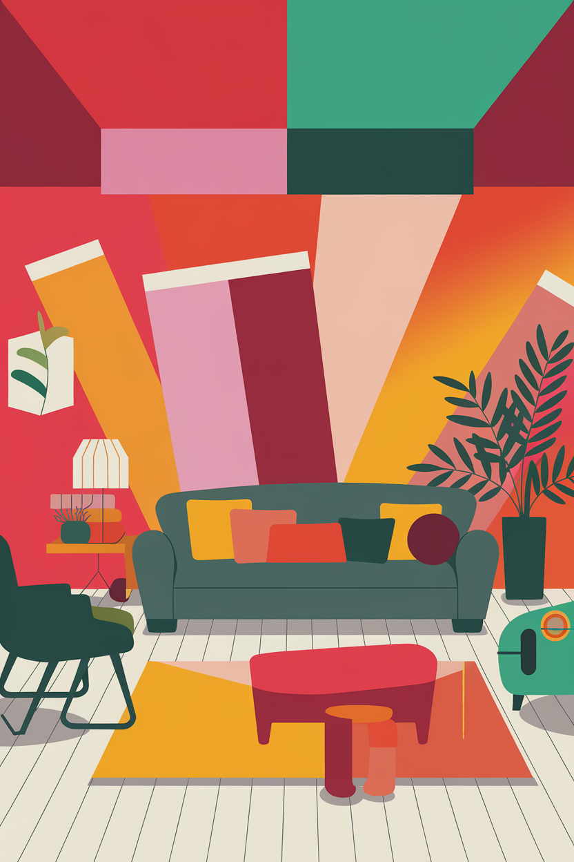 Colorful interior design featuring a green sofa, vibrant cushions, and bold wall colors