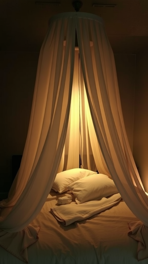 A cozy bed draped with soft fabric creating a warm atmosphere
