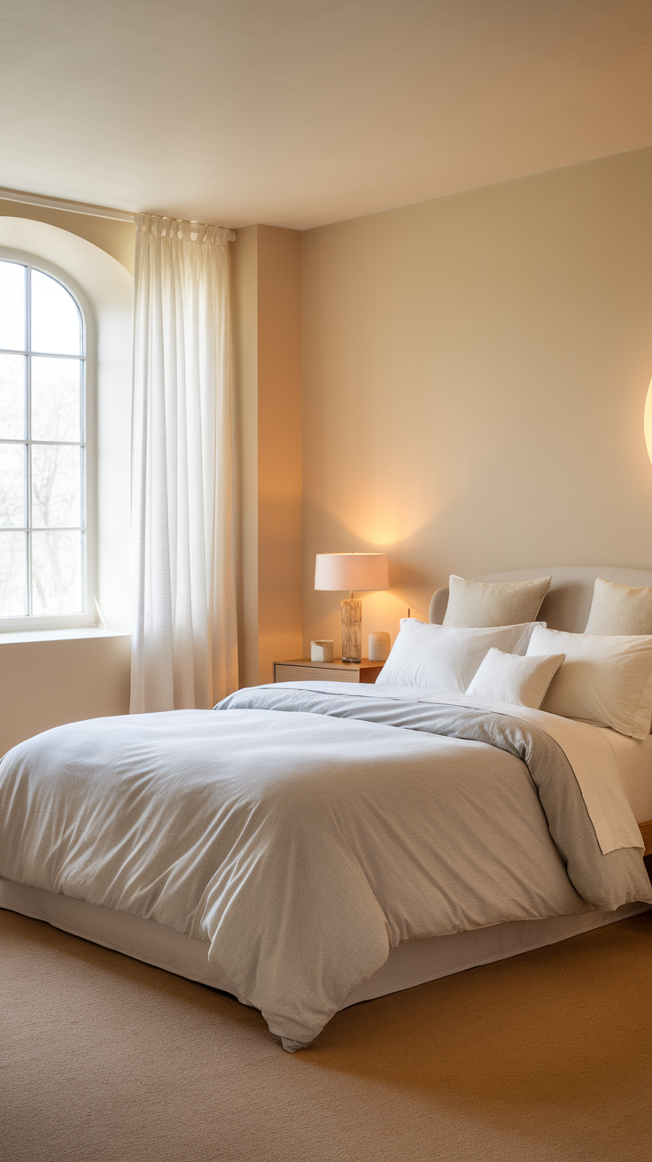 A serene and inviting bedroom with soft bedding and warm lighting.