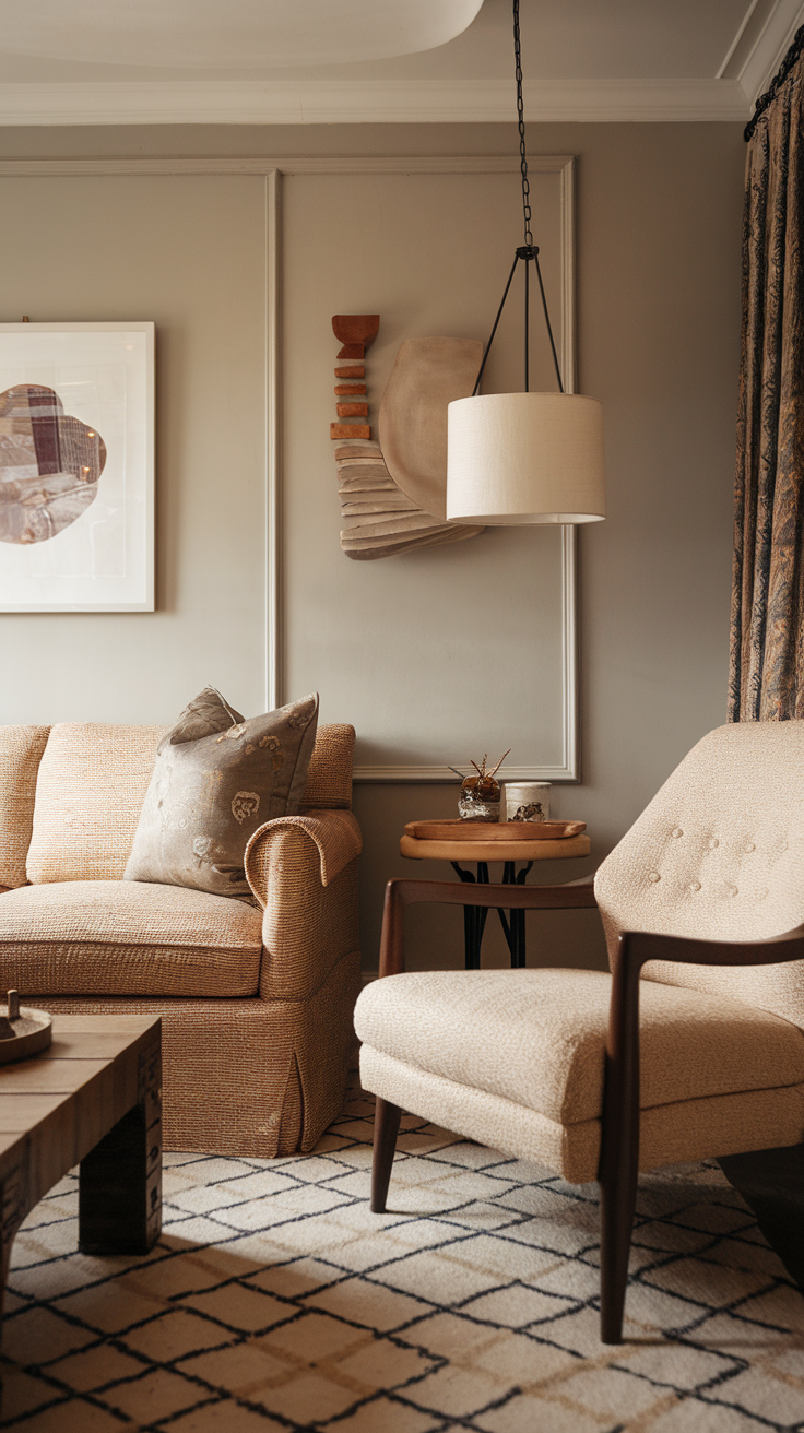A cozy living room with a comfortable sofa, armchair, and decorative items.