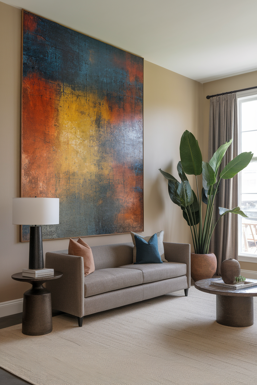 A stylish living room featuring a large abstract painting, a cozy sofa, a table lamp, and a potted plant.
