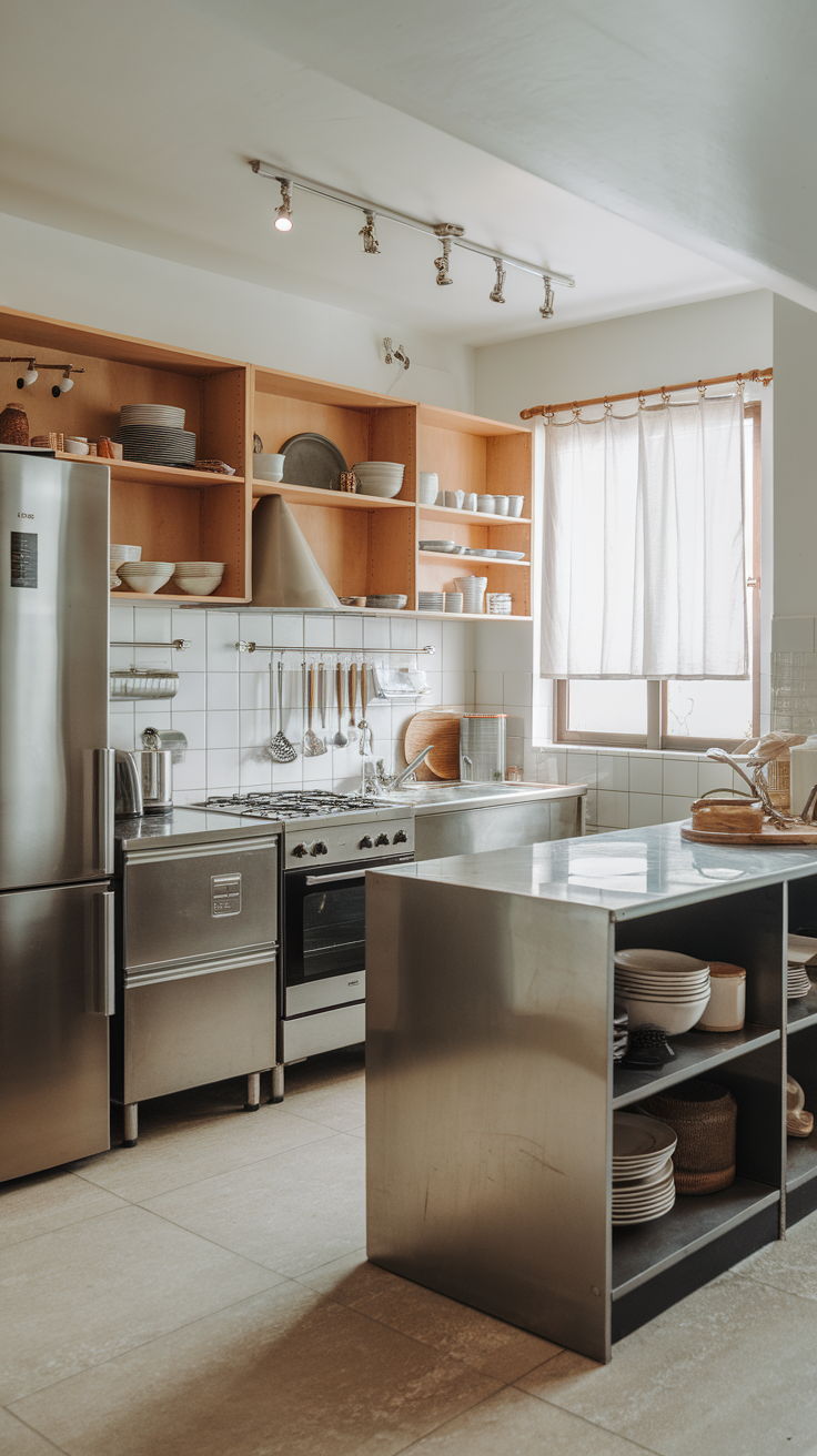 A modern kitchen with stainless steel appliances and open shelving