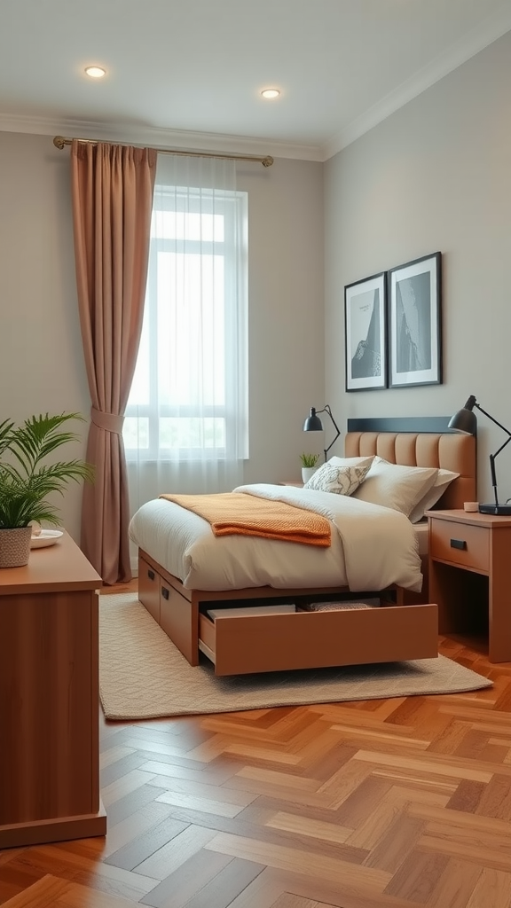 A stylish bedroom featuring a bed with storage drawers, elegant curtains, and warm wooden flooring.