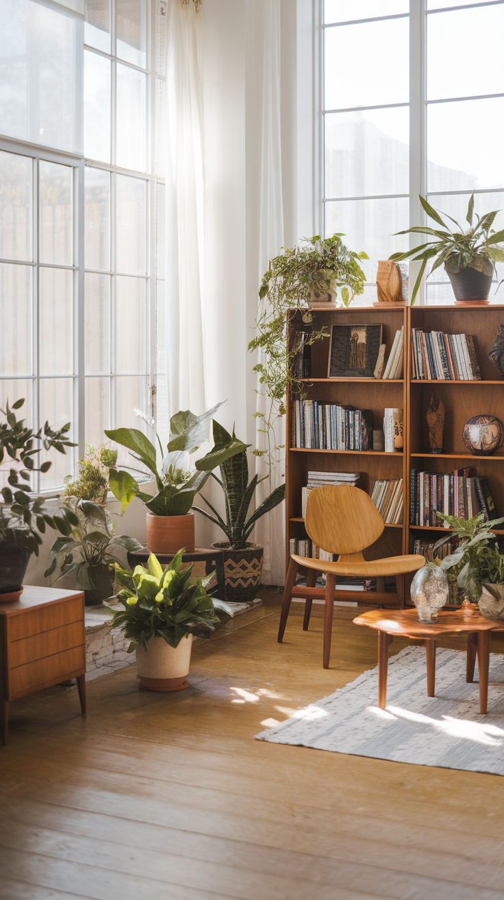 A cozy living room filled with various plants and natural light, featuring a wooden bookshelf and comfortable seating.