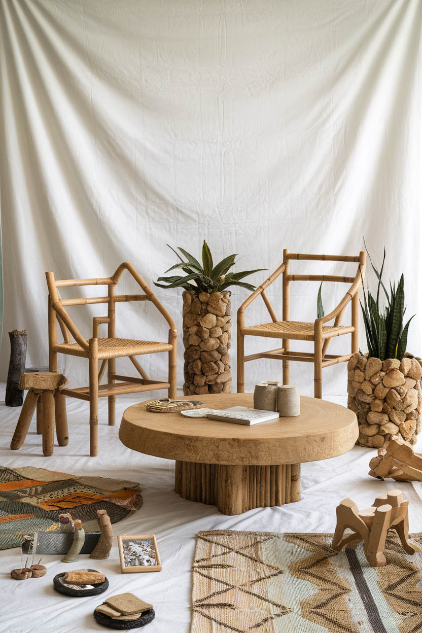 A cozy interior space featuring bamboo chairs, a wooden table, and natural decorations.