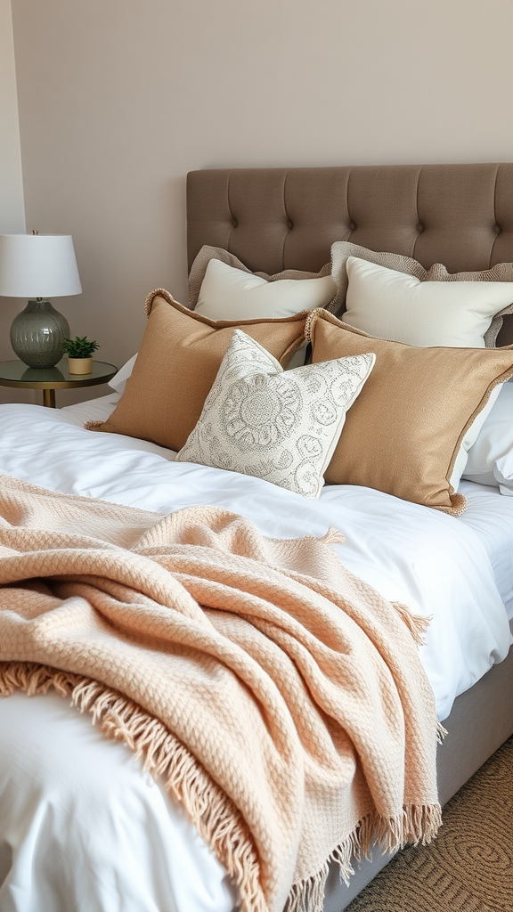 A cozy bedroom setting with layered textiles, including pillows and a soft blanket.