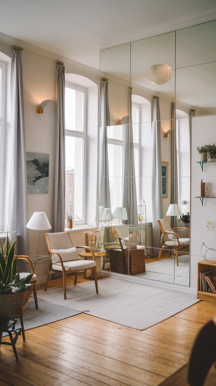 Bright and airy living room with large windows, light curtains, and a mirror reflecting natural light.