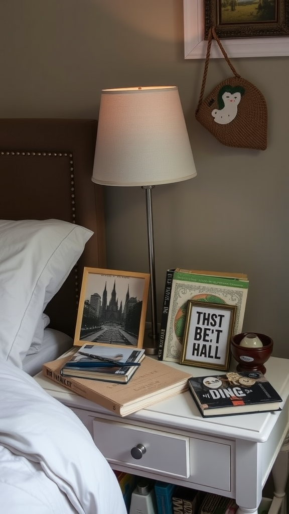 A cozy nightstand with books, a lamp, and personal decor.
