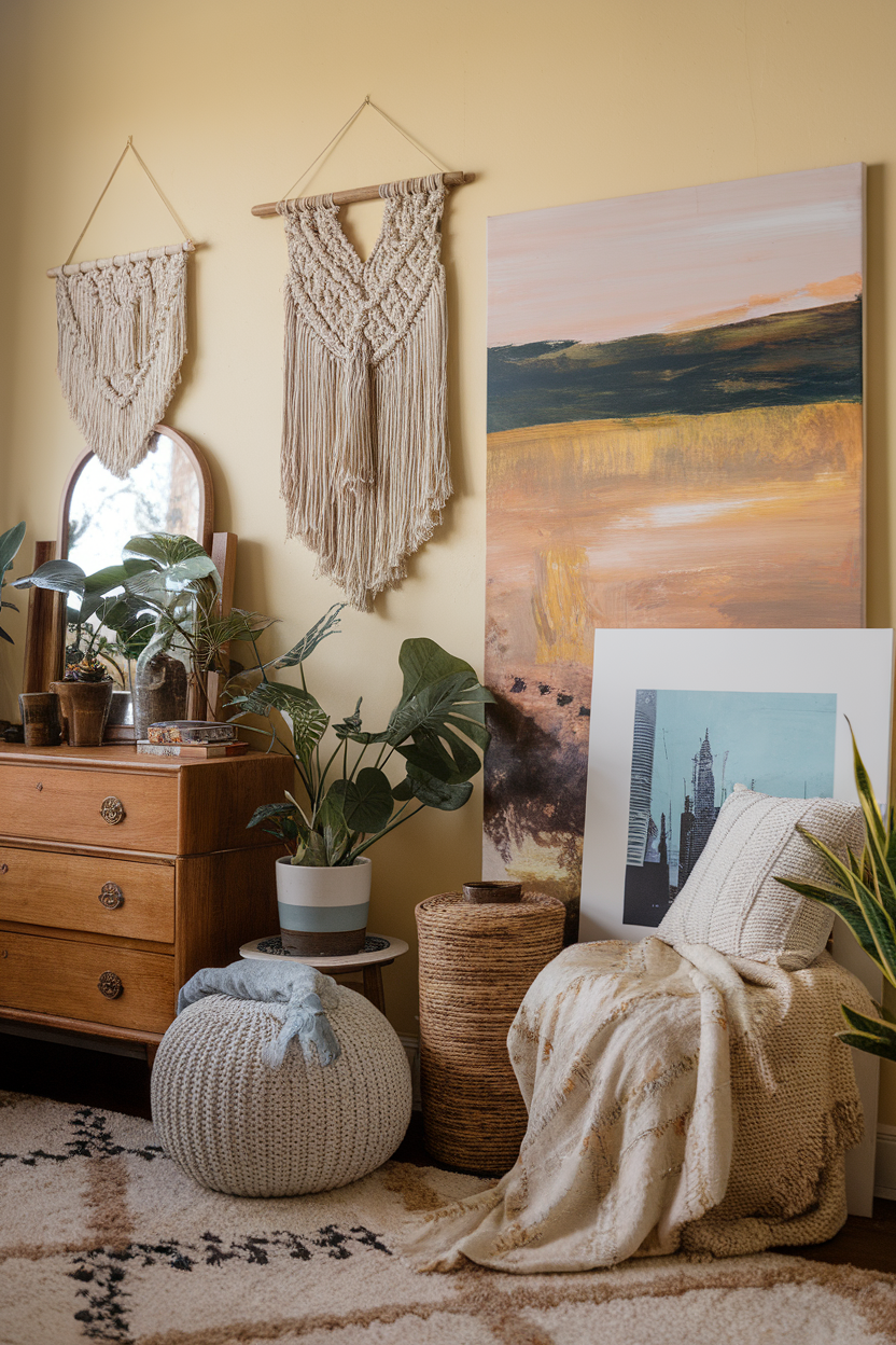 Cozy interior space featuring macramé wall hangings, colorful paintings, a wooden dresser, and indoor plants.