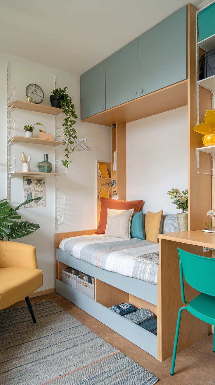 A small room featuring a cozy bed with storage underneath, colorful pillows, and decorative shelves.
