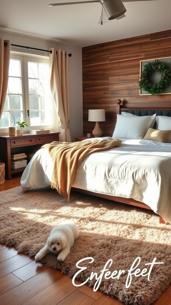 Cozy bedroom with a textured rug and a puppy lounging on it.