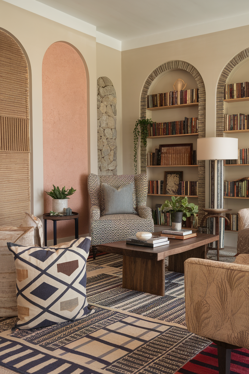 A cozy living room featuring various textures and patterns in furniture and decor.