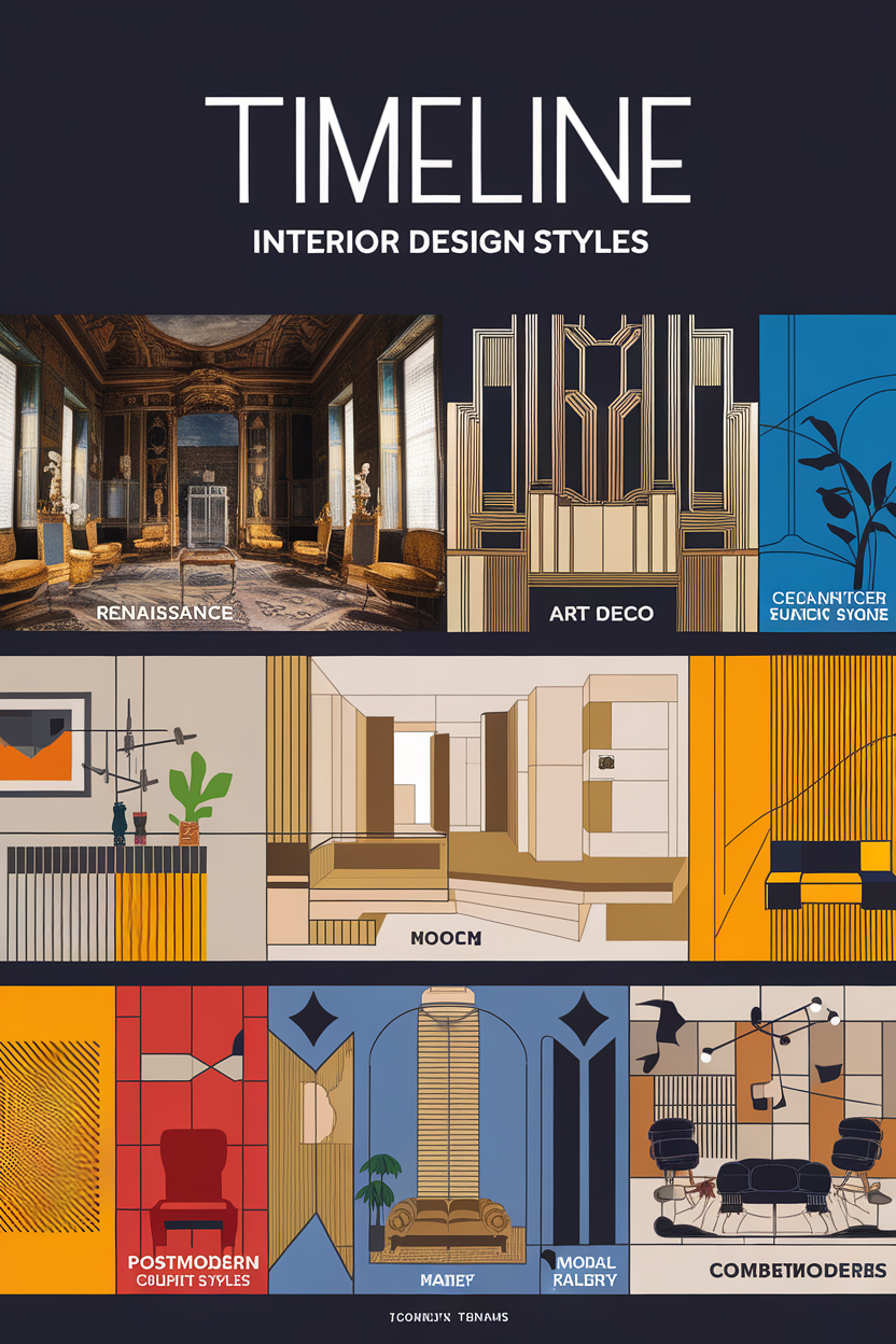 Timeline of Interior Design Styles featuring Renaissance, Art Deco, MOOCM, Postmodern, and contemporary styles.