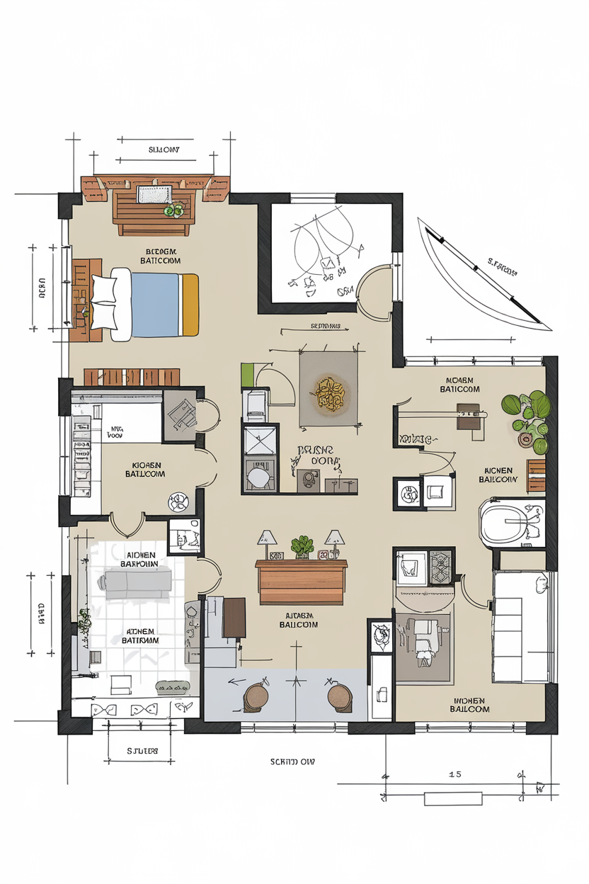 A detailed floor plan showing different rooms and their layouts.