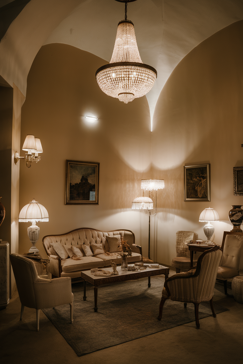 A cozy interior space with decorative lighting, featuring a chandelier and various lamps.