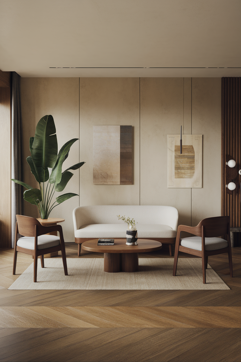 A modern living room featuring a neutral color palette, wooden furniture, a plant, and wall art.