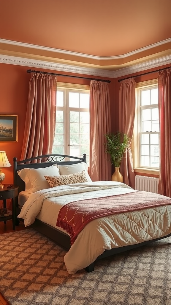 Cozy bedroom with warm color palette featuring orange walls, soft bedding, and natural light.