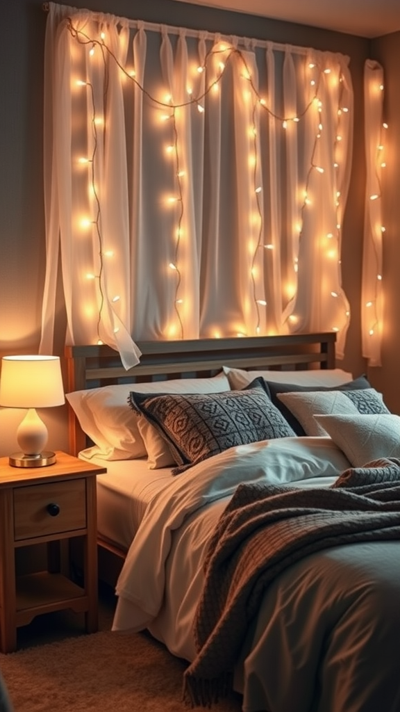 A cozy bedroom with warm lighting from string lights and a bedside lamp.