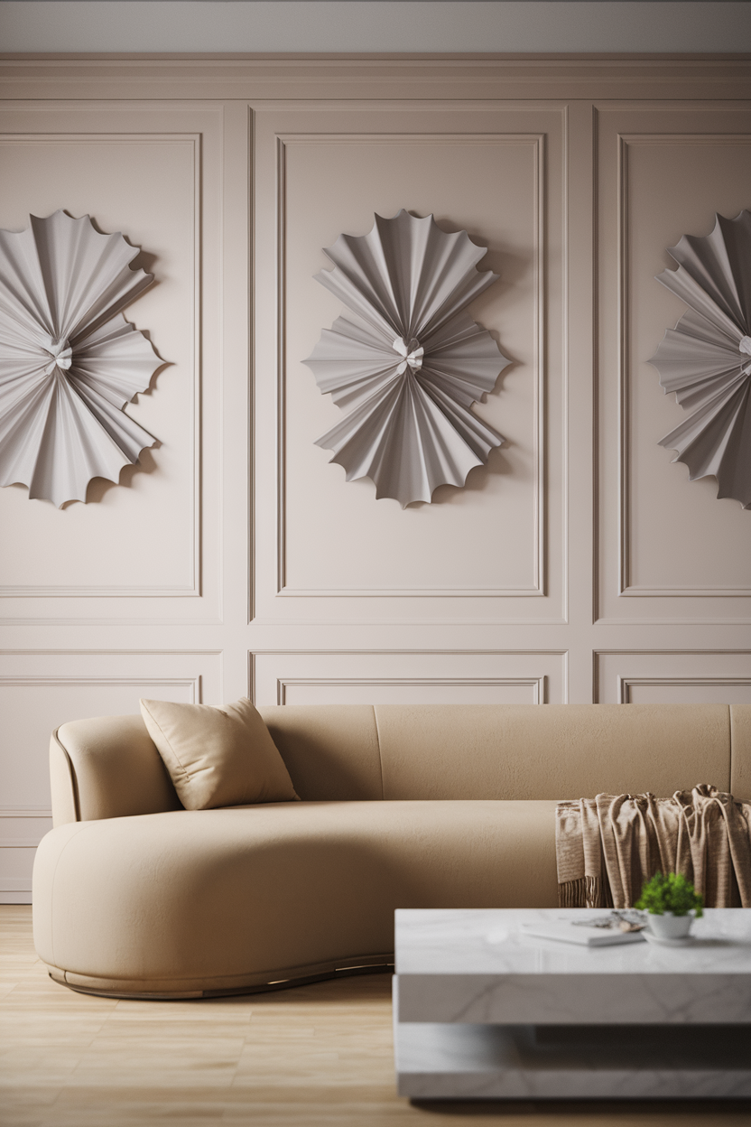 A living room with 3D wall art featuring elegant, textured designs in neutral tones.