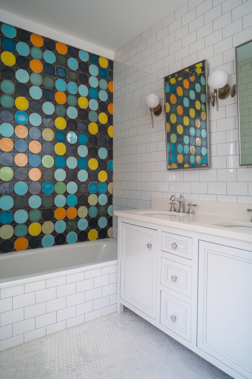 A colorful accent wall made of circular tiles in a modern bathroom.