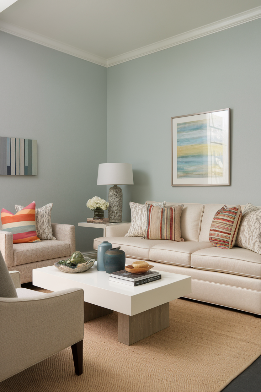 A cozy small living room featuring neutral furniture with colorful accessories.