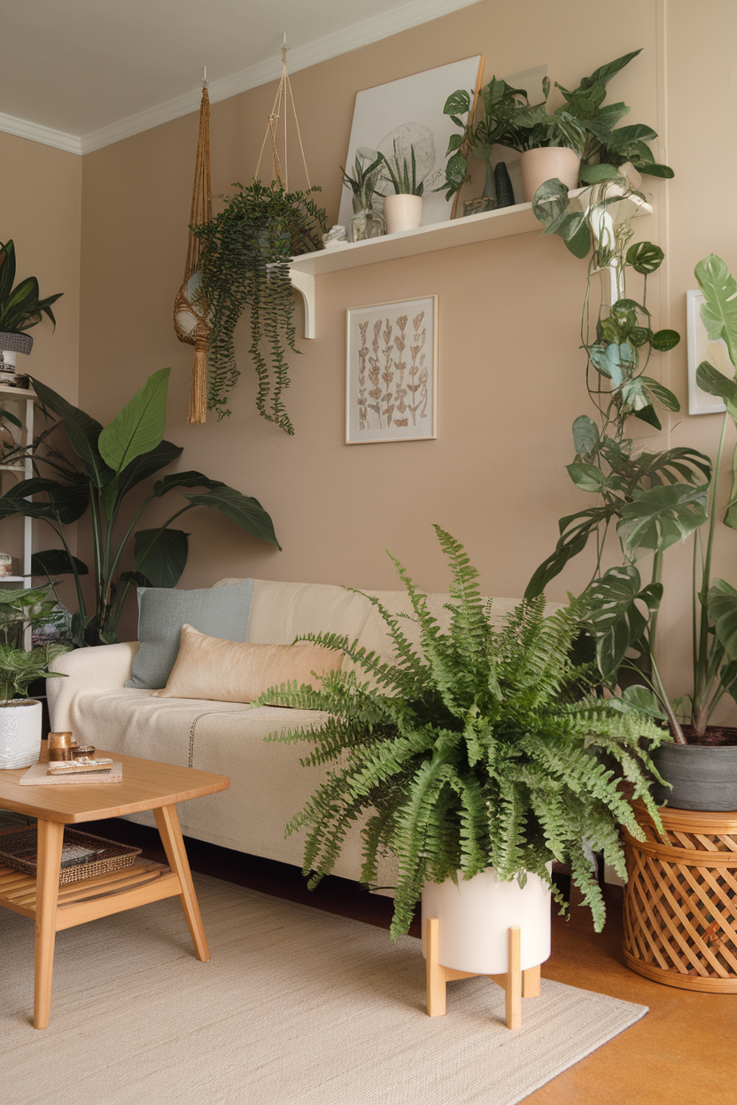 A small living room with various houseplants, including a large fern and hanging plants, creating a lively and cozy space.