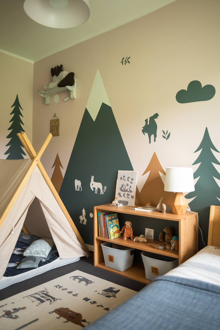 A child's room decorated with an outdoor theme, featuring mountain and animal wall decals, a cozy tent, and a wooden bookshelf.