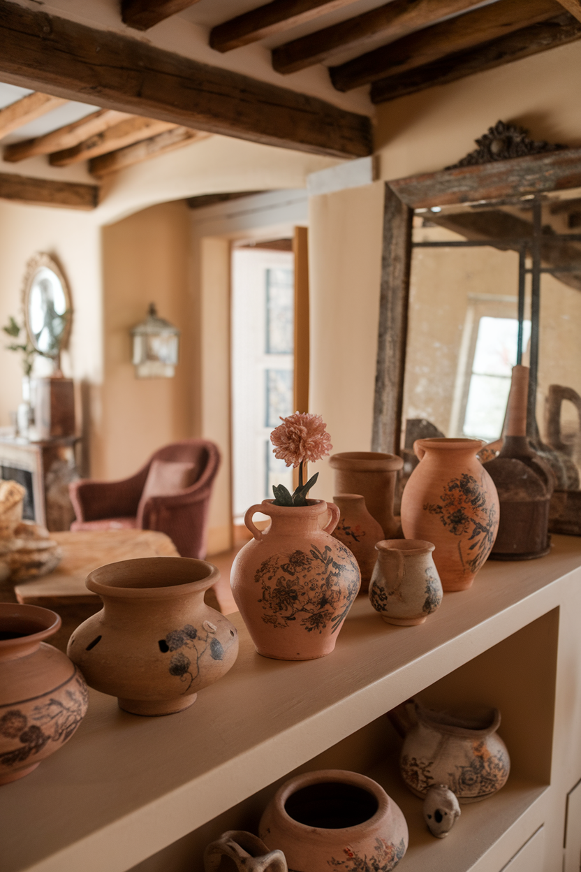 A collection of antique French pottery displayed on a shelf, featuring various shapes and designs.