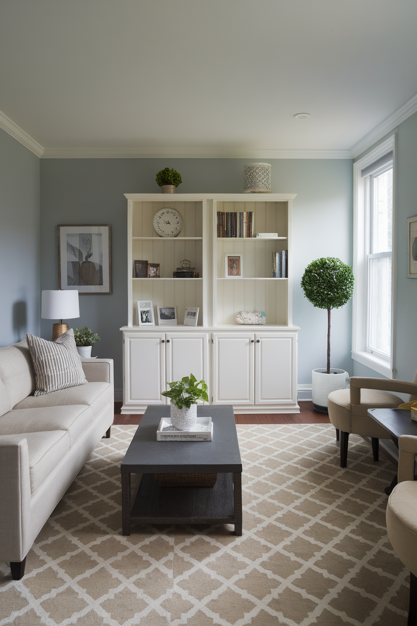 A small living room featuring a light-colored sofa, a coffee table, and a bookshelf with decorative plants.