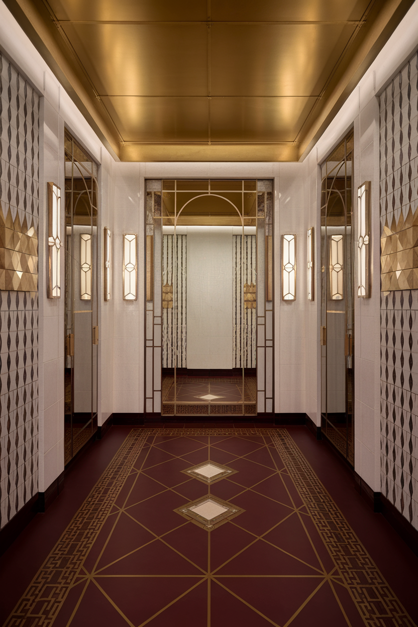 An Art Deco inspired hallway with gold accents and geometric patterns.