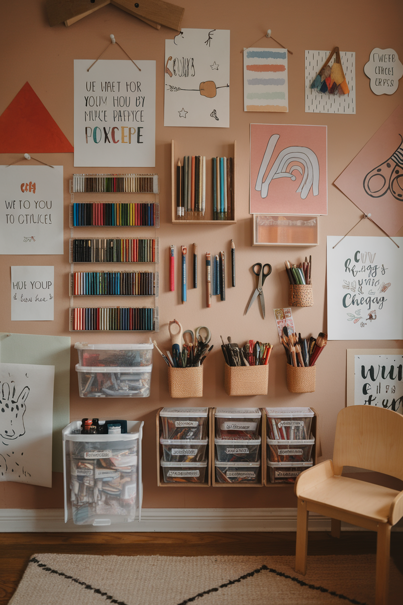 A colorful art supply wall in a child's room with various art supplies and kids' artwork displayed.