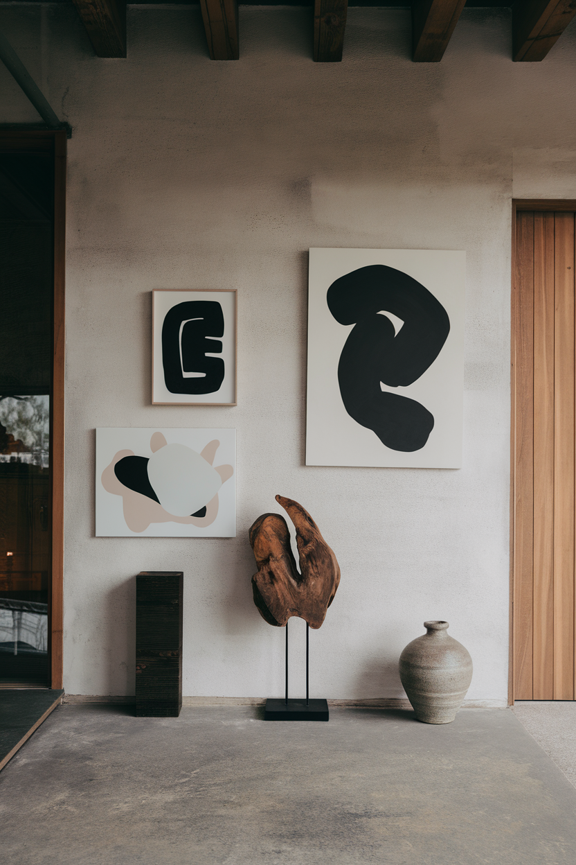A minimalist decor featuring abstract art on the walls, a wooden sculpture, and a clay vase.