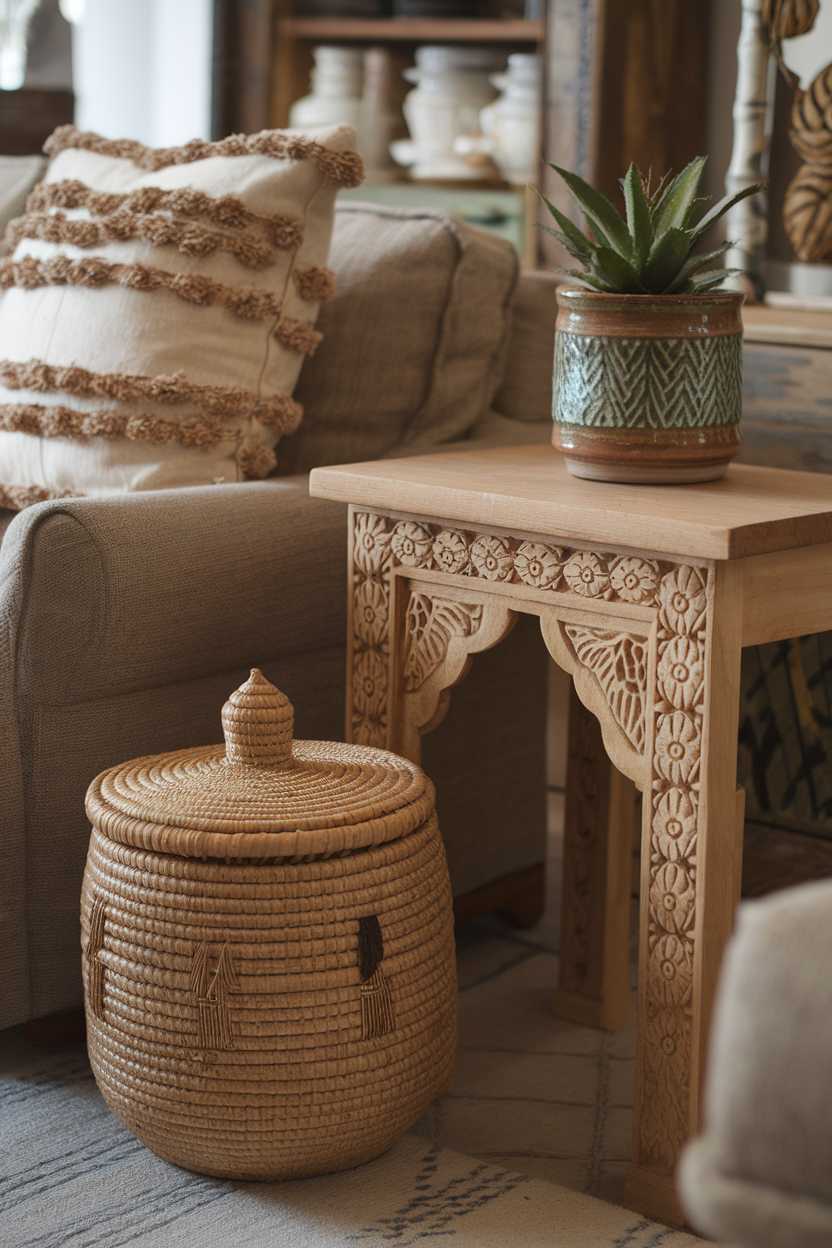 A cozy living area featuring a carved wooden table, a woven storage basket, and a decorative plant.