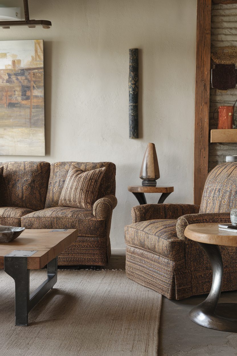 A cozy sitting room with artisan-crafted furniture, featuring a patterned sofa, comfortable chairs, and a wooden coffee table.