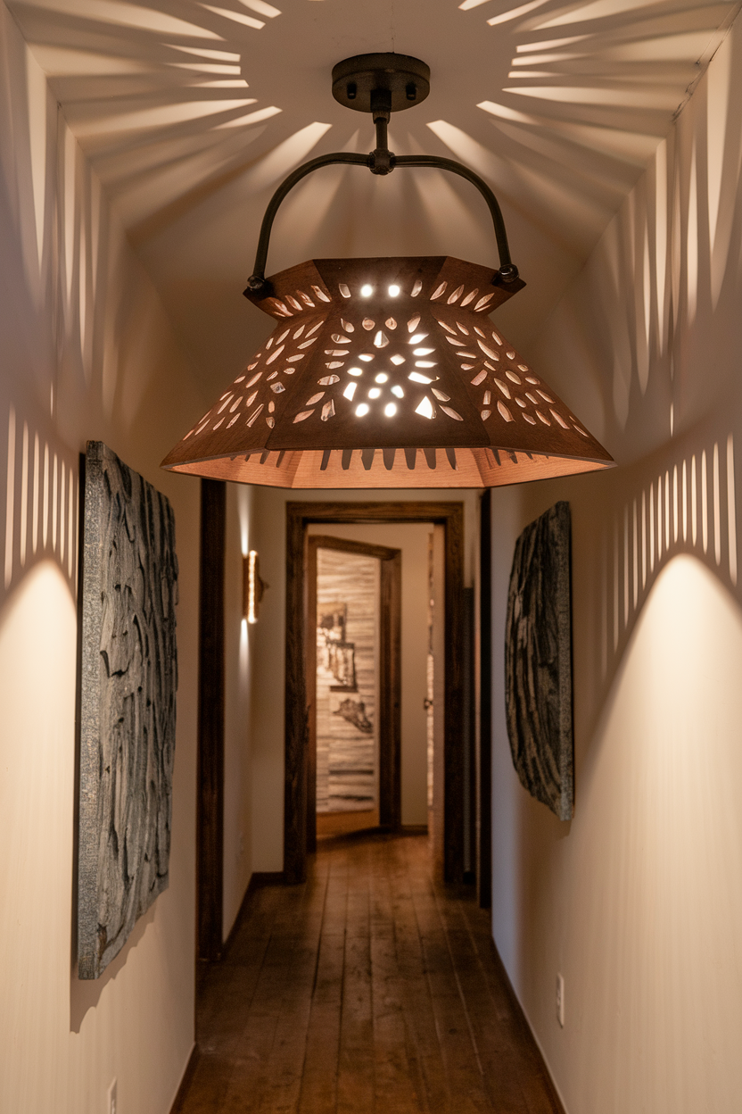 Artisan light fixture illuminating a hallway with patterned shadows