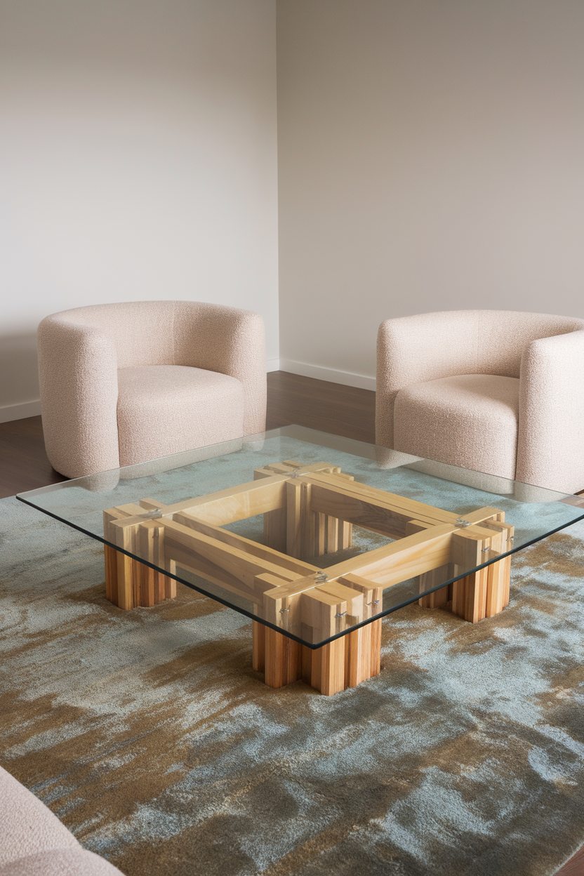An artistic coffee table with a wooden base and glass top, surrounded by two soft chairs.
