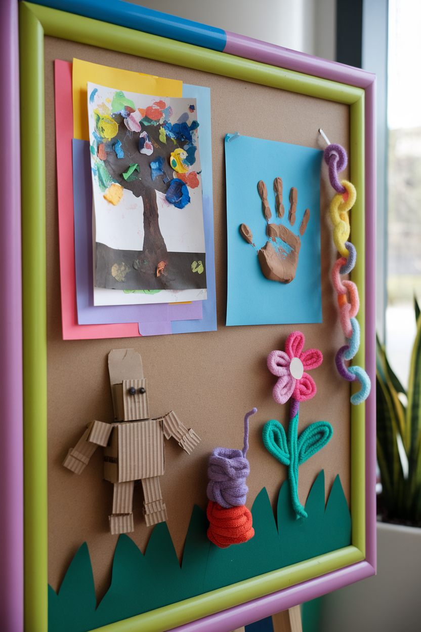 A colorful artistic display board showing children's artwork and crafts.
