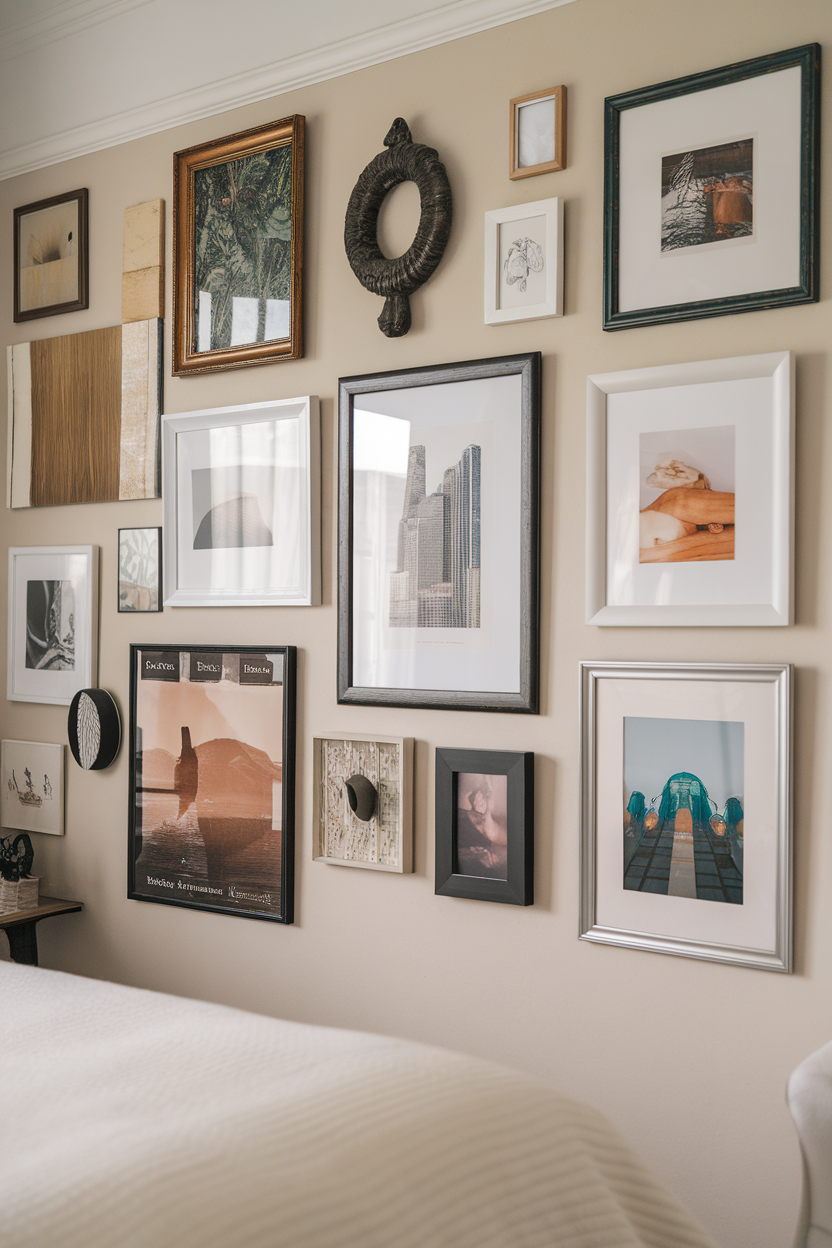 A gallery wall featuring a variety of framed artworks and photographs.
