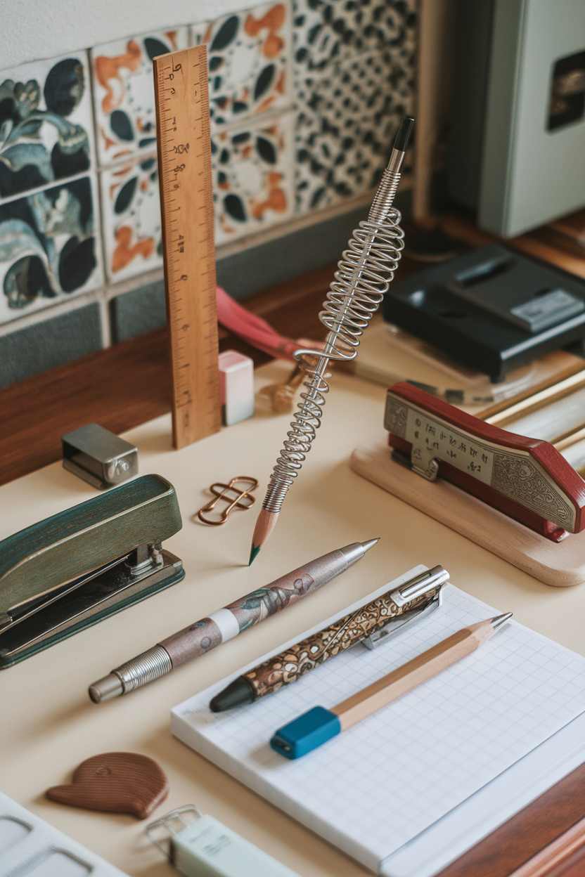 A variety of artistic office supplies including colorful pens, a stapler, and a ruler arranged on a desk.