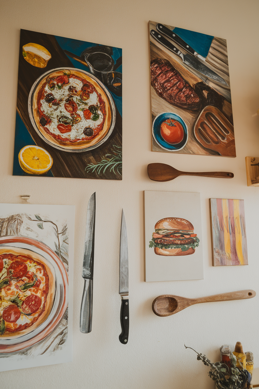 Colorful food-themed paintings on a kitchen wall, featuring pizza, burgers, and kitchen utensils.