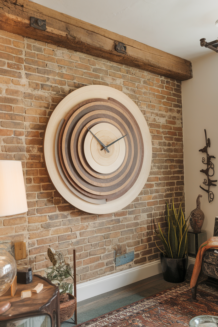 A large, artistic wall clock made of wooden rings in varying shades, mounted on a brick wall.