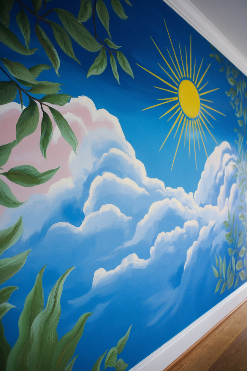 A colorful wall mural depicting clouds, a sun, and green leaves.
