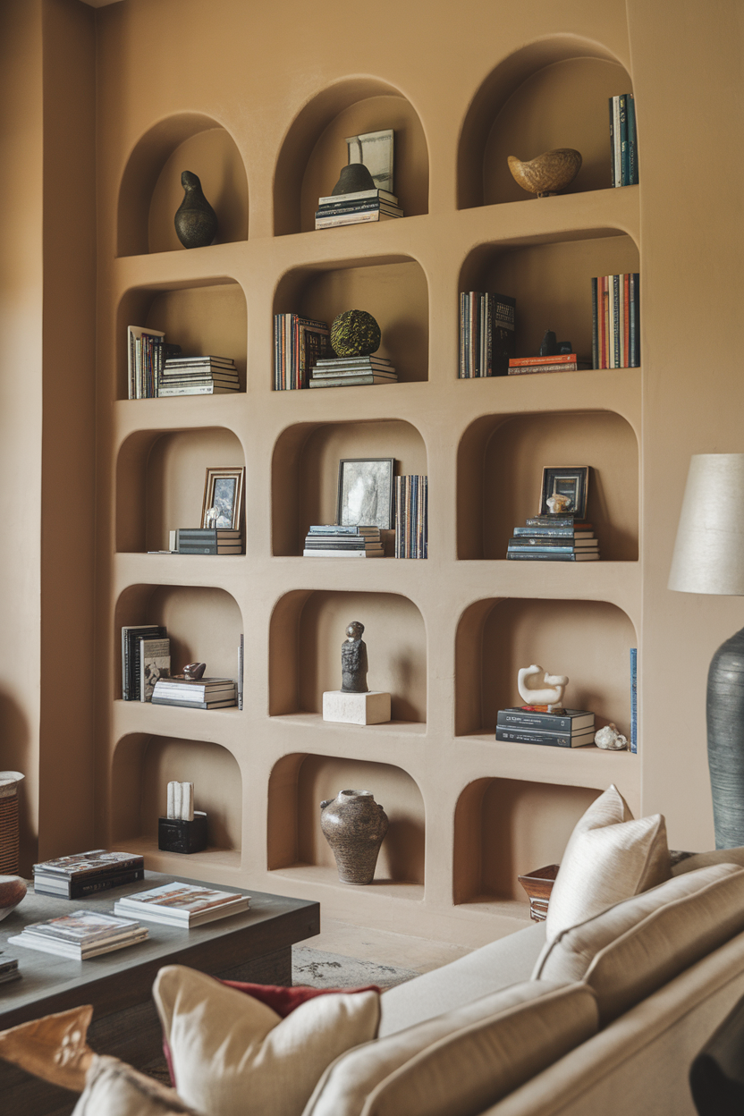 A stylish set of wall shelves featuring books and decorative items in a cozy living room.