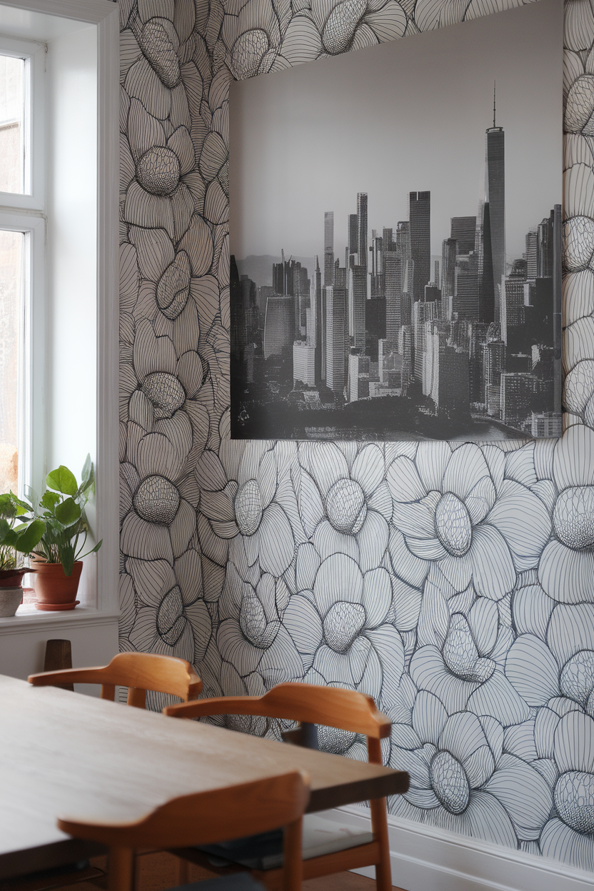 A dining area featuring floral patterned wallpaper and a large black and white photo of a city skyline.