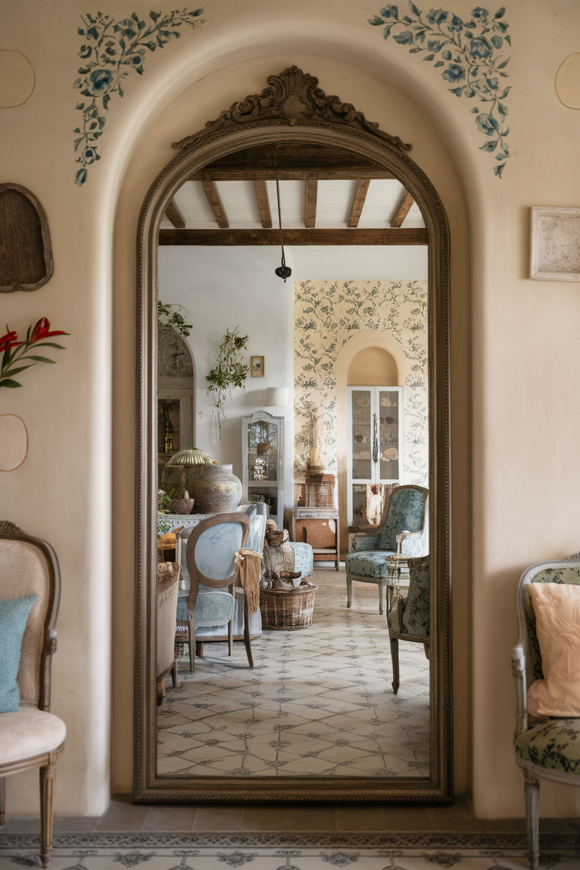 A beautifully framed mirror in a cozy room with French country decor.