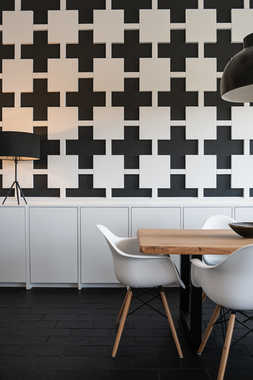 A modern dining area featuring a black and white patterned wall with a wooden table and white chairs.