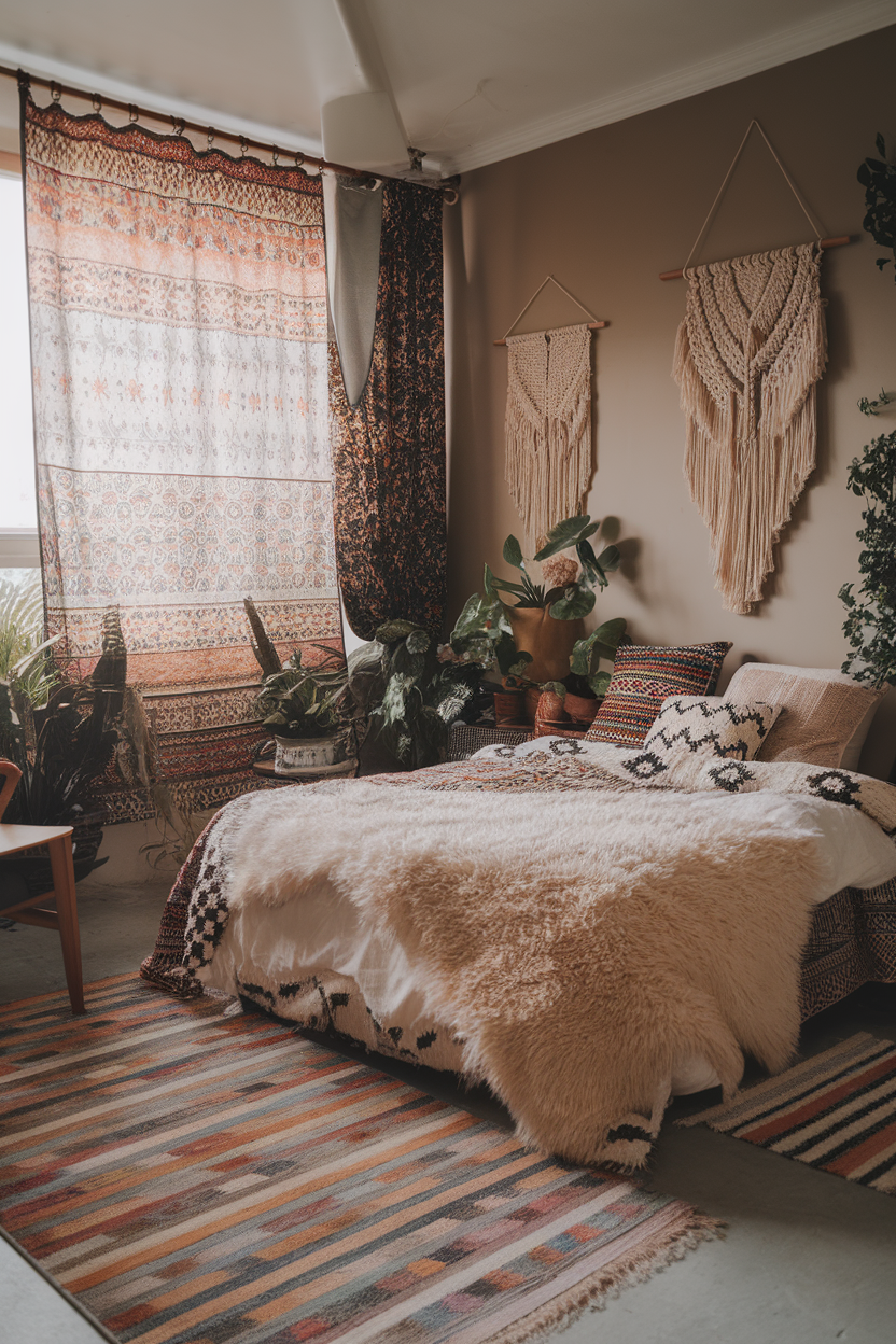 A cozy bohemian bedroom with colorful textiles, plants, and soft furnishings.